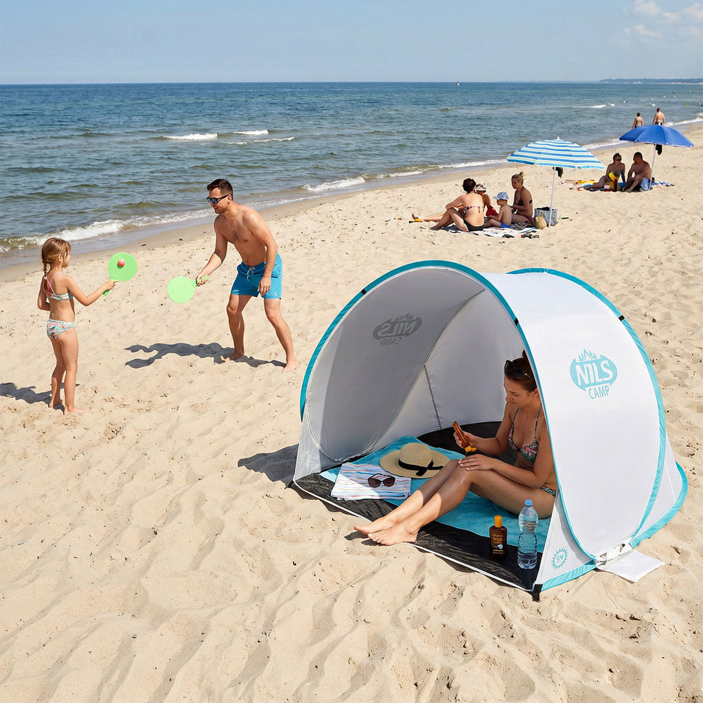 NILS Camp Pop-up Strandtent - Grijs/Turquoise - Aanzicht