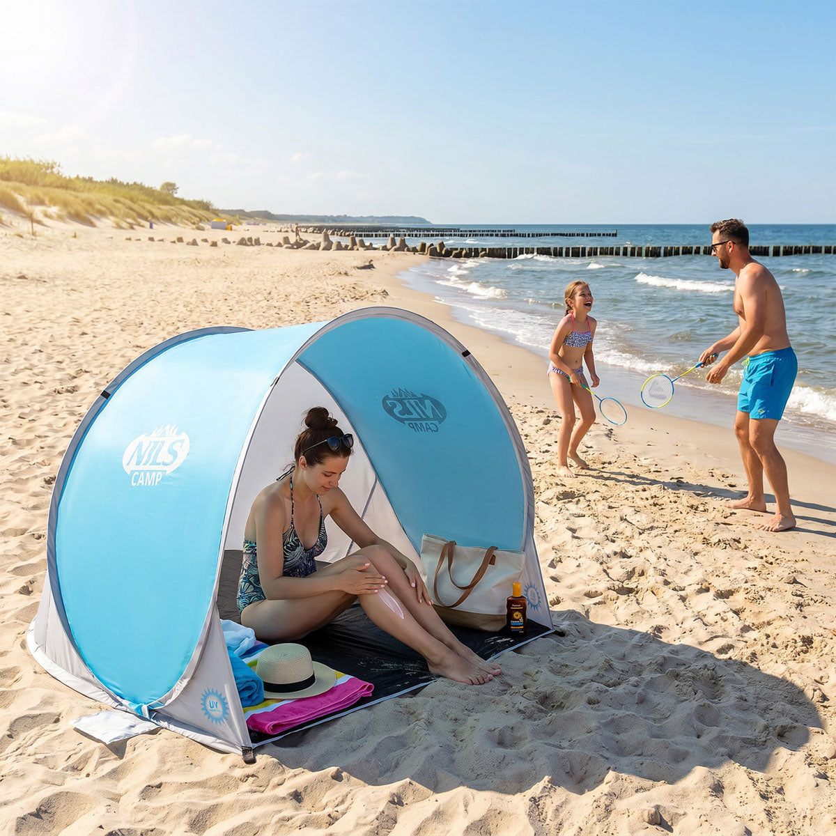 NILS Camp Pop-up Strandtent - Blauw/Grijs - Aanzicht