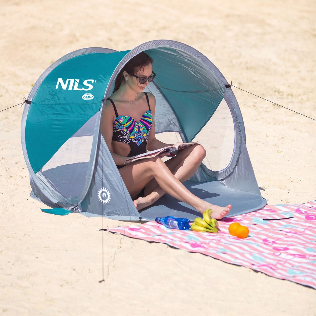 NILS Camp Pop-up Strandtent - Blauw/Grijs - Aanzicht