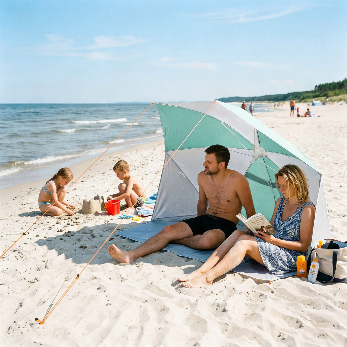 NILS Pop-up 2-in-1 Strandparasol en Windscherm - Mintblauw/Grijs - Aanzicht