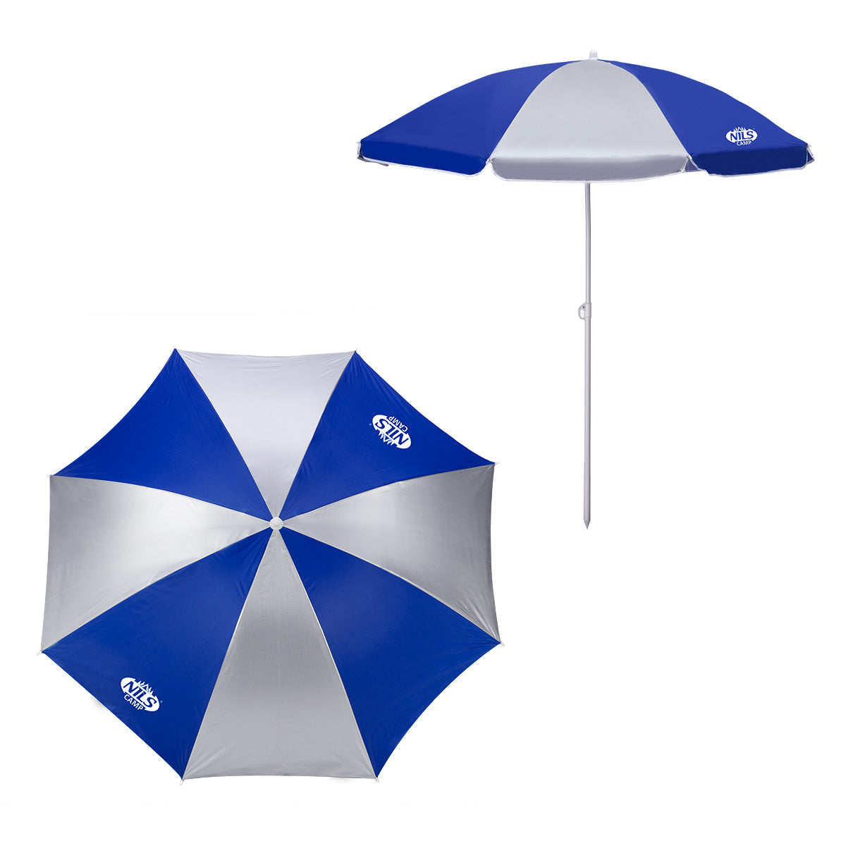 NILS Camp Strandparasol - 180 cm - Blauw/Grijs - In gebruik