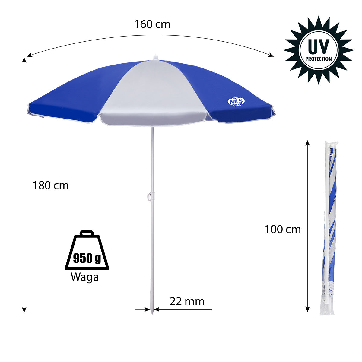 NILS Camp Strandparasol - 180 cm - Blauw/Grijs - Detail