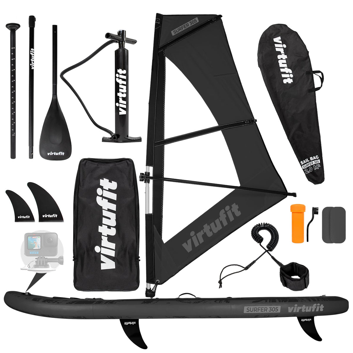 Virtufit Supboard Surfer 305 - Schwarz - Inklusive Windsegel und Zubehör - Zweite Chance