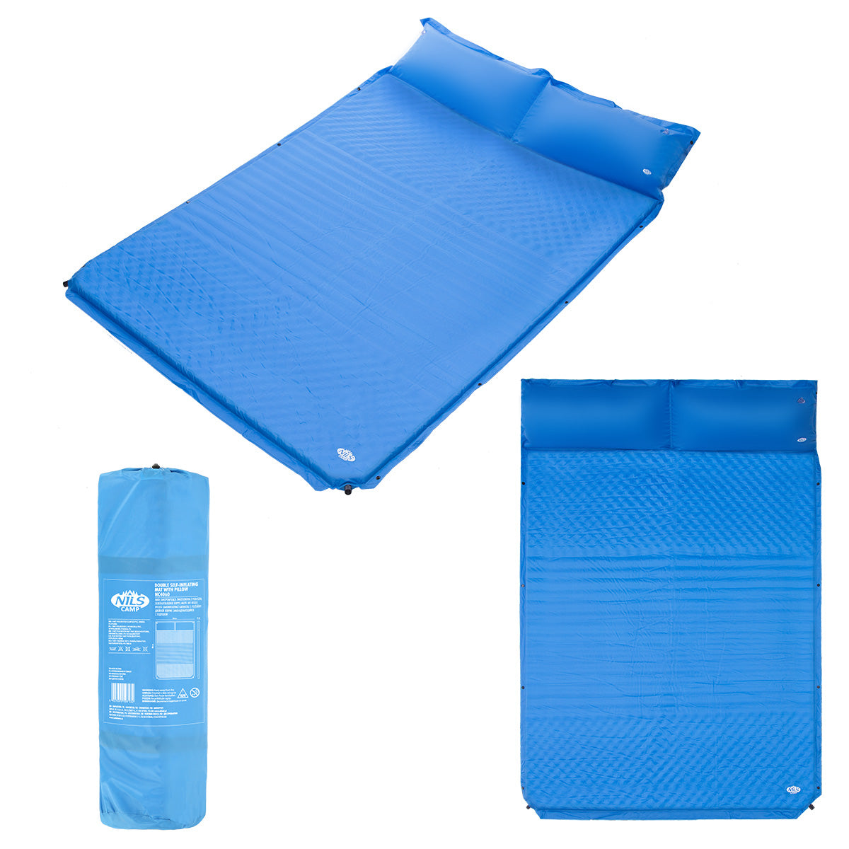NILS Camp Zelfopblazende Slaapmat met Kussen - 2-persoons - Blauw - Aanzicht