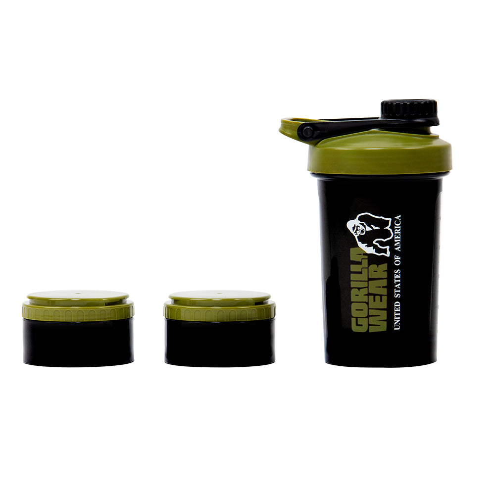 Gorilla Wear Shake Beker 2 GO - 500 ml + 2 x 130 ml - Zwart/Legergroen - Aanzicht