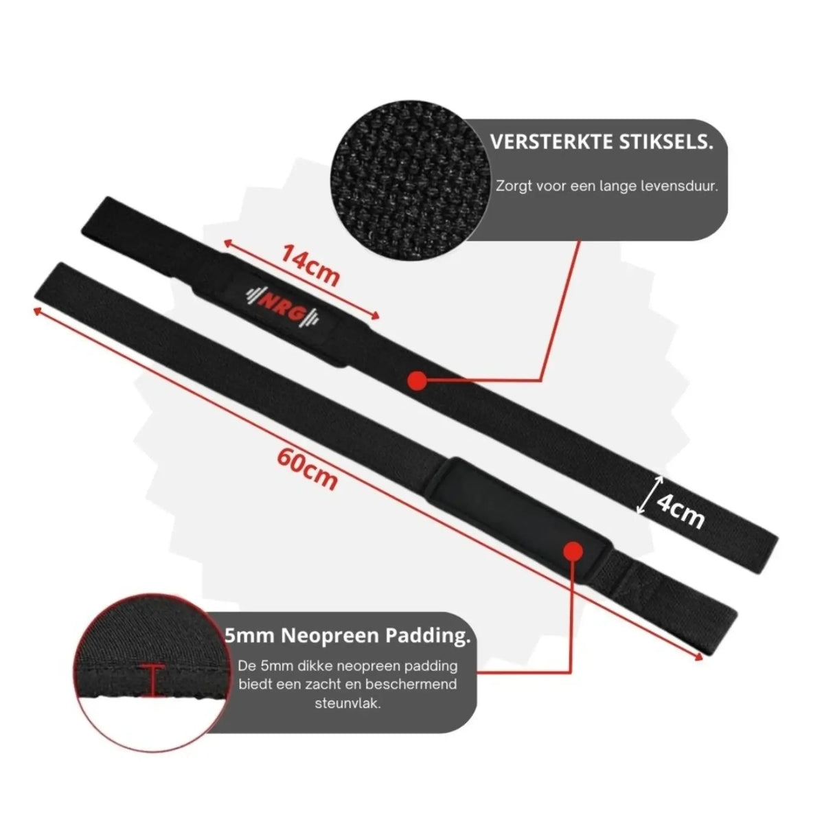 NRG Fitness Lifting Straps - Deadlift Straps - Zwart - Aanzicht