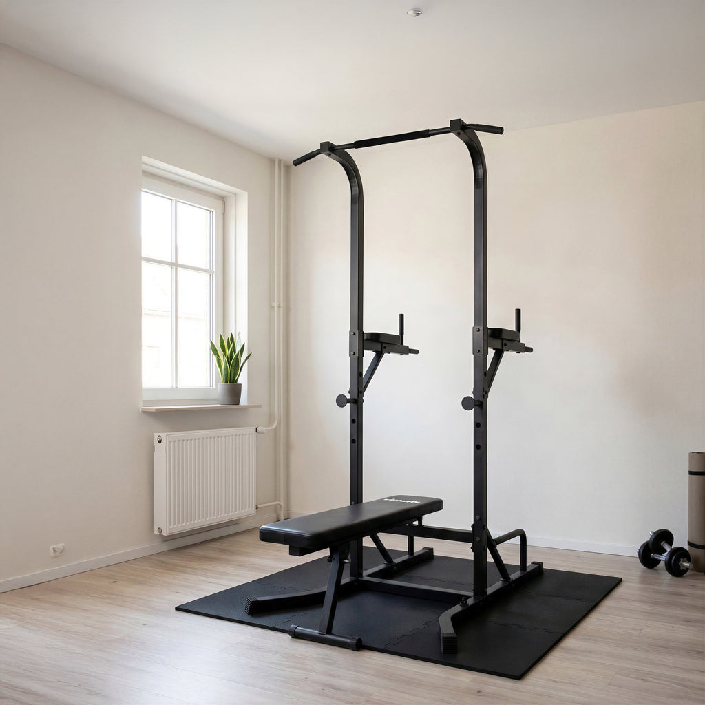 Virtufit Power Tower Deluxe met Fitnessbank - Aanzicht