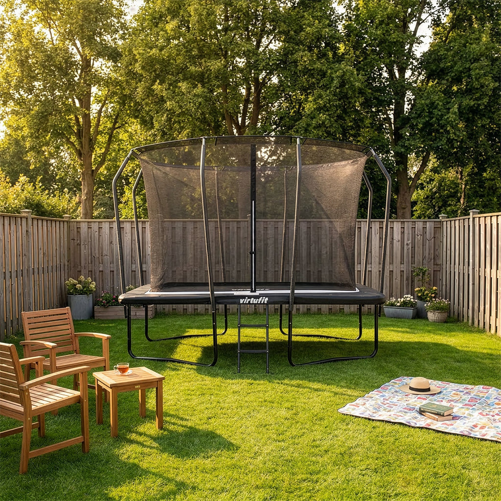 VirtuFit Premium Rechthoekige Trampoline met Veiligheidsnet - Zwart - 213 x 305 cm - Gratis trap - Aanzicht
