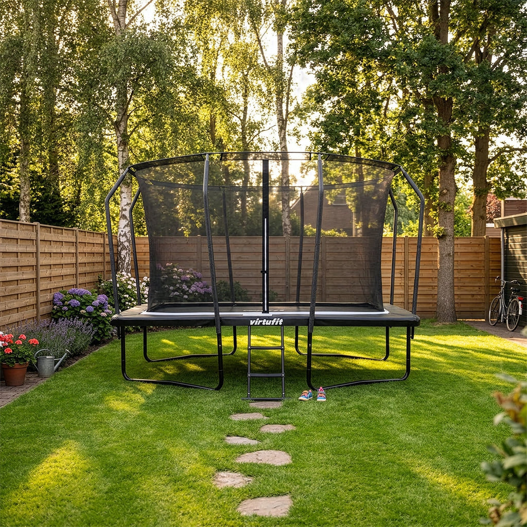 VirtuFit Premium Rechthoekige Trampoline met Veiligheidsnet - Zwart - 244 x 366 cm - Gratis trap - Aanzicht
