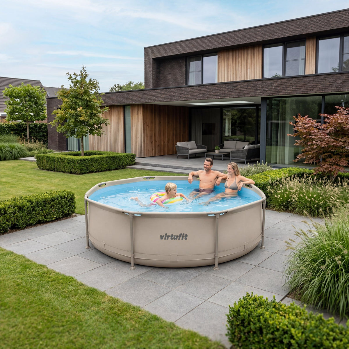 VirtuFit Zwembad Rond Ø244 x 76 cm - Beige - Compleet Pakket - Aanzicht