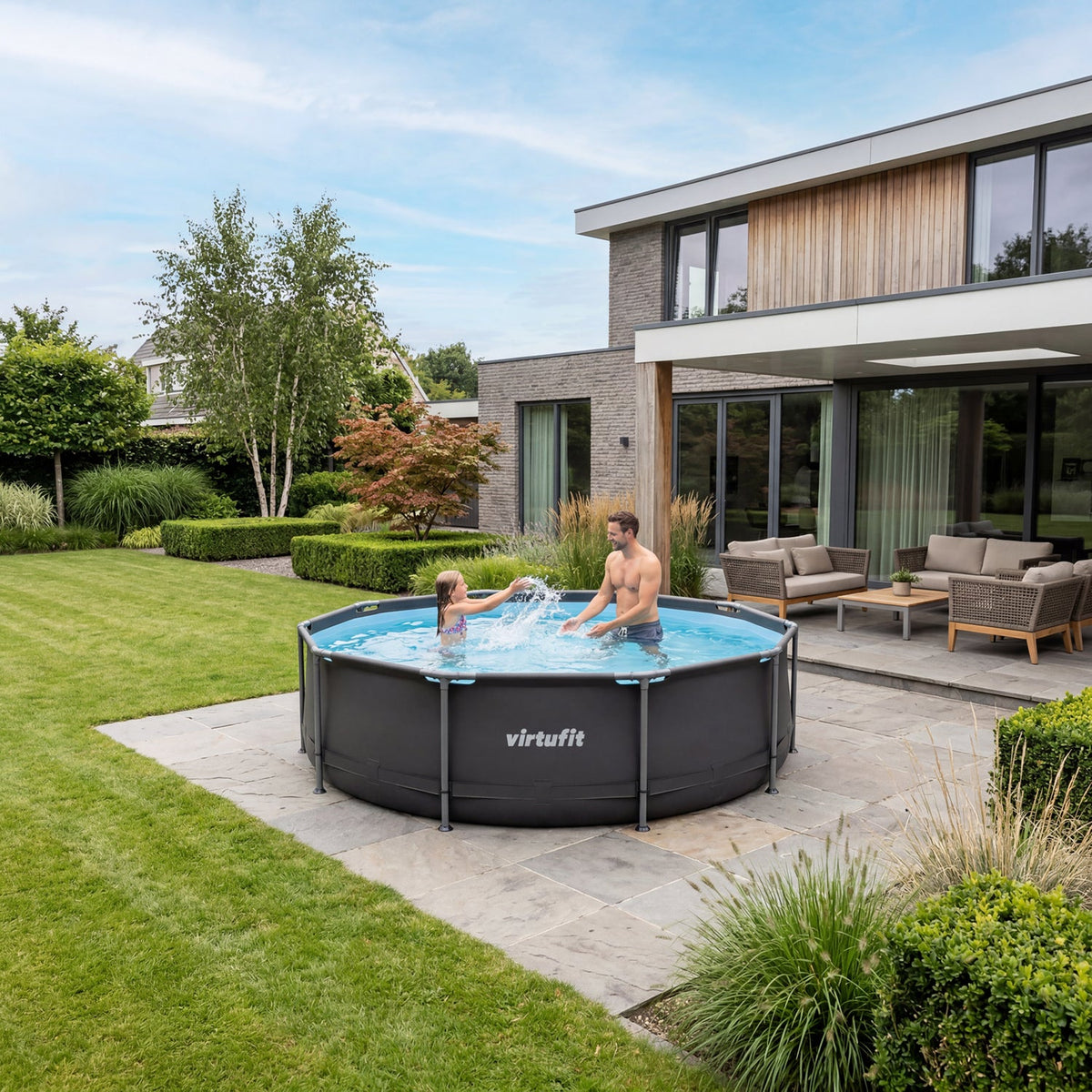 VirtuFit Rond Zwembad - Ø305 x 76 cm - Antraciet - Inclusief Filterpomp - Tweedekans - Aanzicht