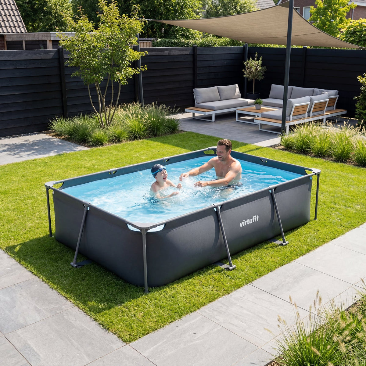 VirtuFit Rechthoekig Zwembad - 300 x 210 x 66 cm - Antraciet - Inclusief Filterpomp - Aanzicht