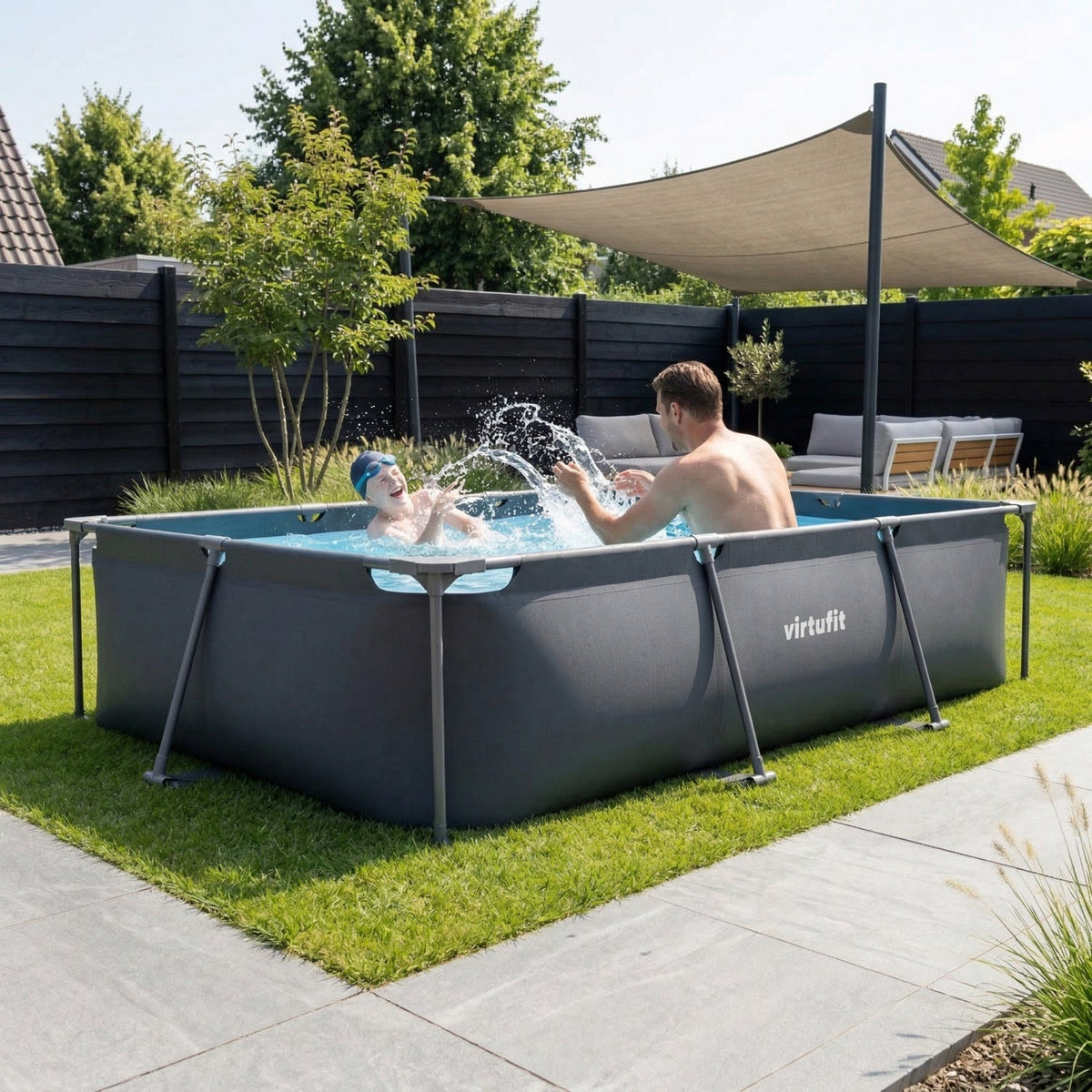 VirtuFit Rechthoekig Zwembad - 300 x 210 x 66 cm - Compleet Pakket - Antraciet - Aanzicht