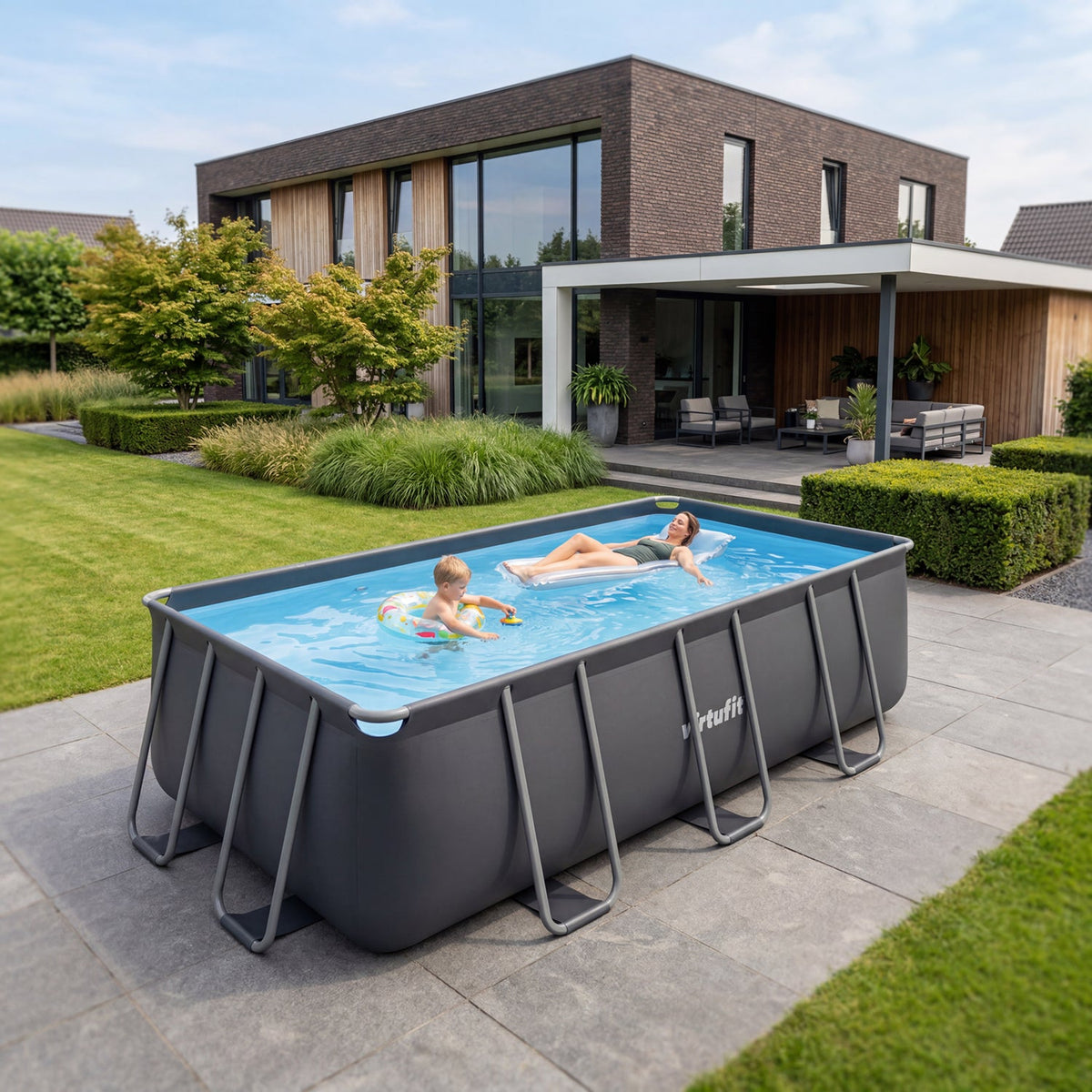 VirtuFit Rechthoekig Zwembad 400 x 200 x 122 cm - Antraciet - Compleet Pakket - Aanzicht