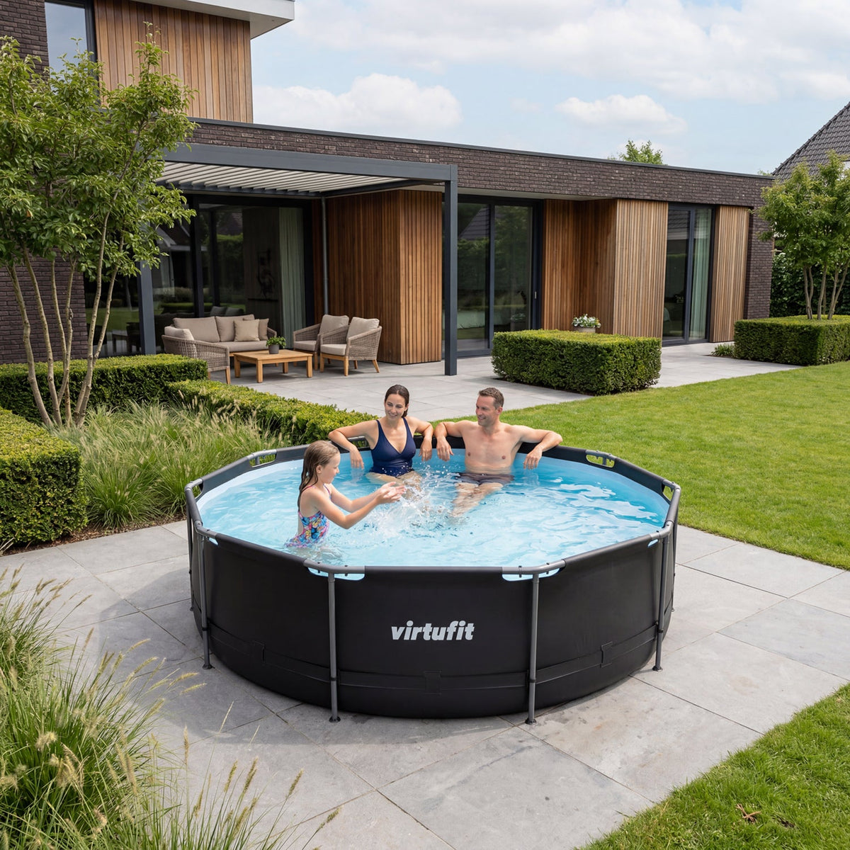 VirtuFit Rond Zwembad - Ø366 x 100 cm - Antraciet - Inclusief Filterpomp - Aanzicht