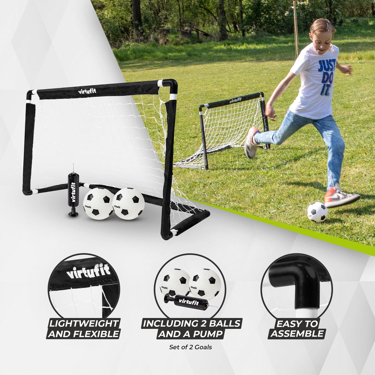 VirtuFit Kinder Voetbaldoelen Set met 2 Ballen en Pomp - Voetbalgoals - 92 x 64 cm - Detail