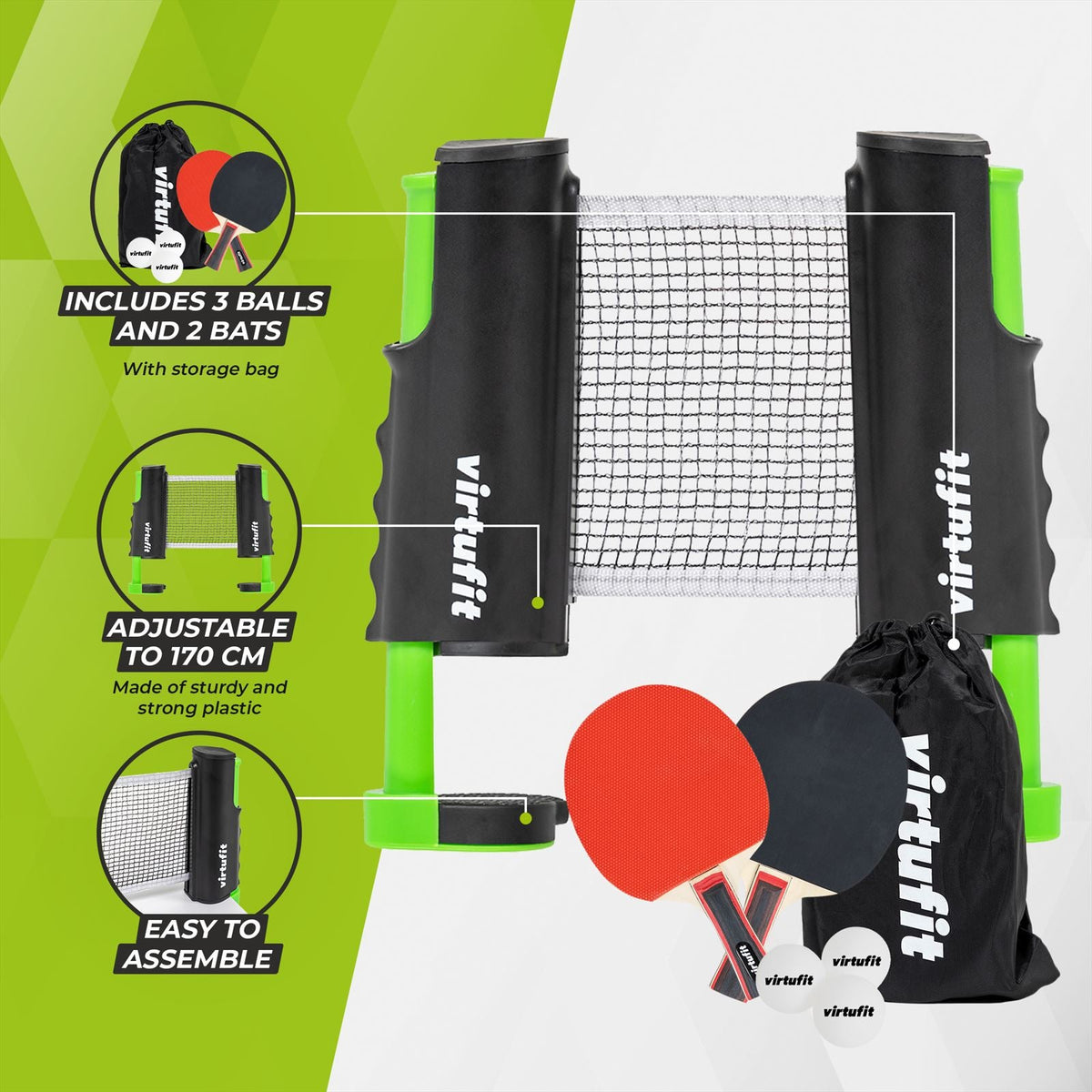 VirtuFit Verstelbare Tafeltennisset - Met batjes en 3 ballen - In gebruik