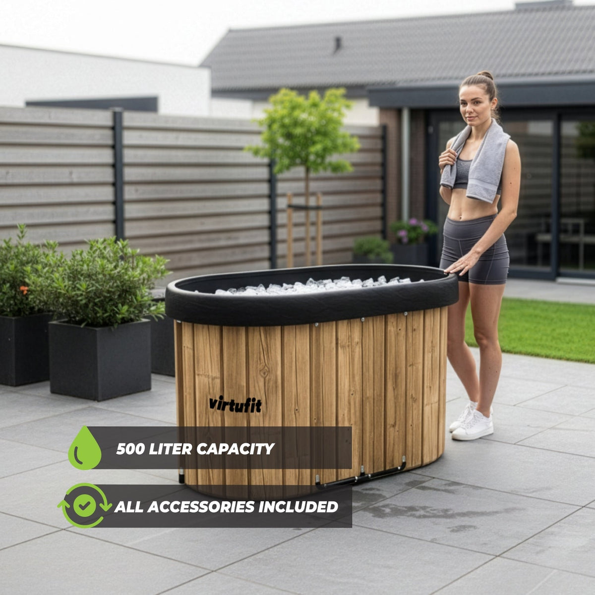 VirtuFit IJsbad Ovaal - Wood Look - 500 Liter - Inclusief accessoires - In gebruik
