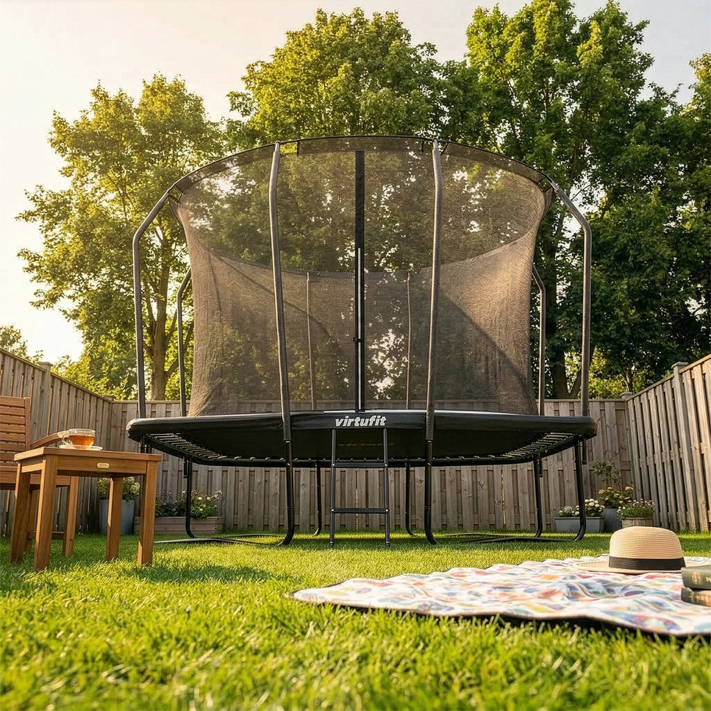 VirtuFit Premium Rechthoekige Trampoline met Veiligheidsnet - Zwart - 213 x 305 cm - Gratis trap - In gebruik