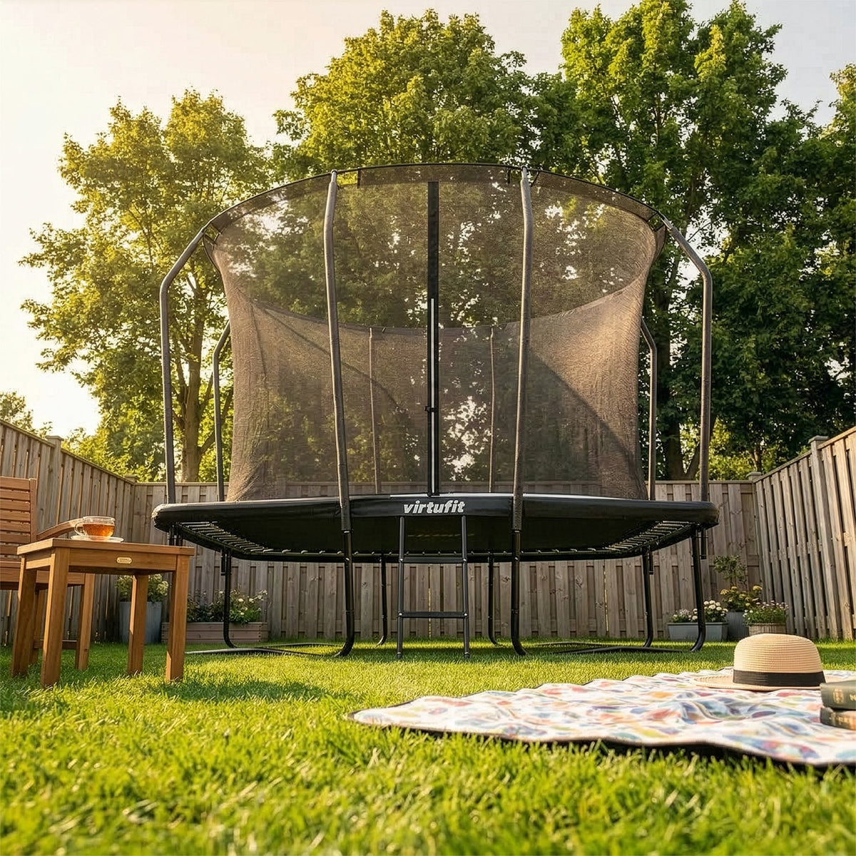 VirtuFit Premium Rechthoekige Trampoline met Veiligheidsnet - Zwart - 213 x 305 cm - Gratis trap - In gebruik