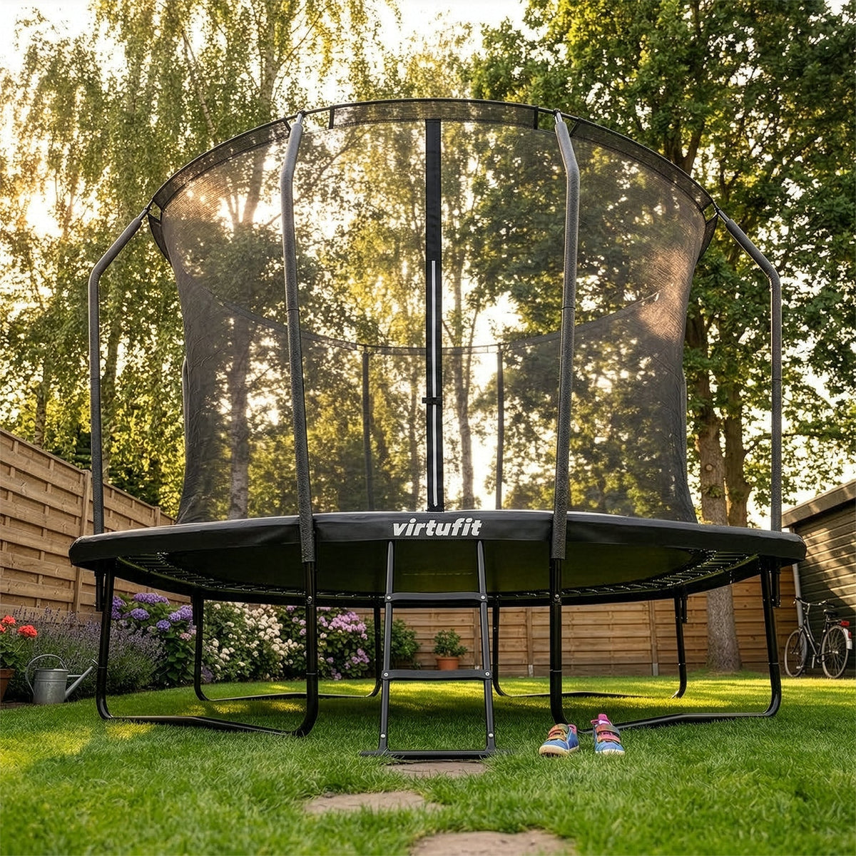 VirtuFit Premium Rechthoekige Trampoline met Veiligheidsnet - Zwart - 244 x 366 cm - Gratis trap - In gebruik