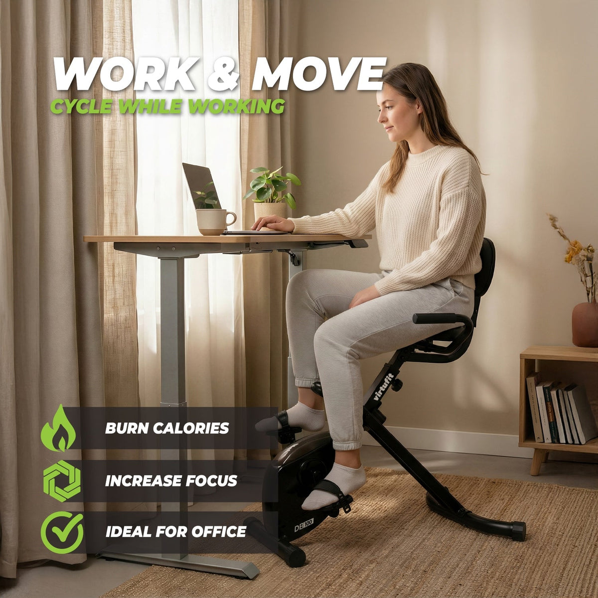 VirtuFit DB100 Opvouwbare Deskbike met Rugleuning - Bureaufiets met Computer - In gebruik