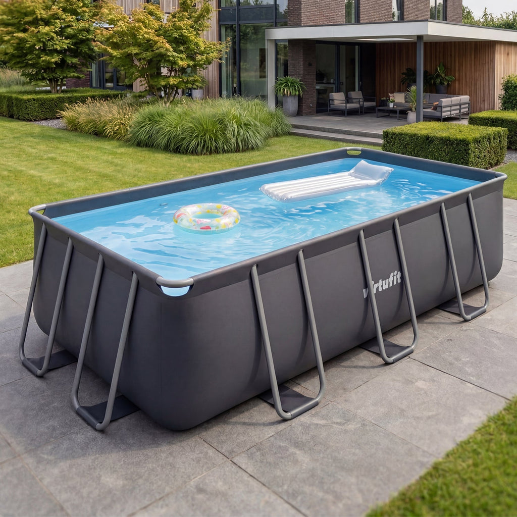 VirtuFit Rechthoekig Zwembad 400 x 200 x 122 cm - Antraciet - Inclusief Filterpomp - In gebruik