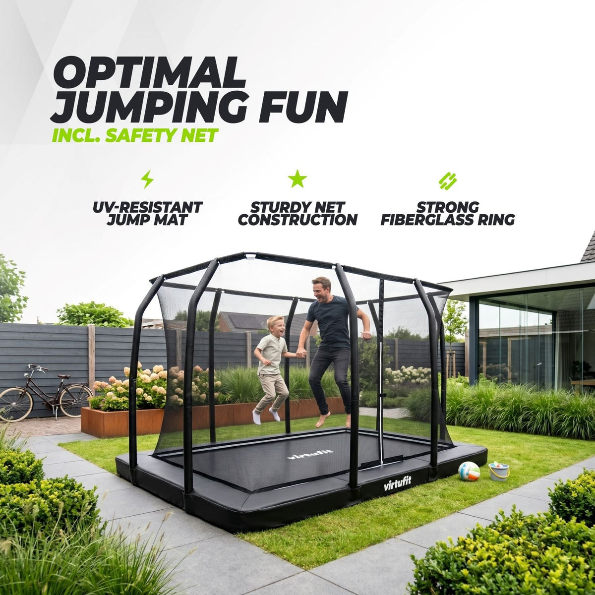 VirtuFit Premium Inground Trampoline met Veiligheidsnet - Zwart - 244 x 366 cm - Afbeelding 6