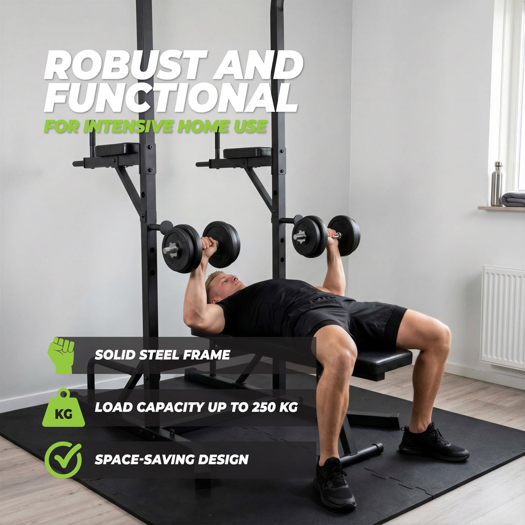Virtufit Power Tower Deluxe met Fitnessbank - In gebruik