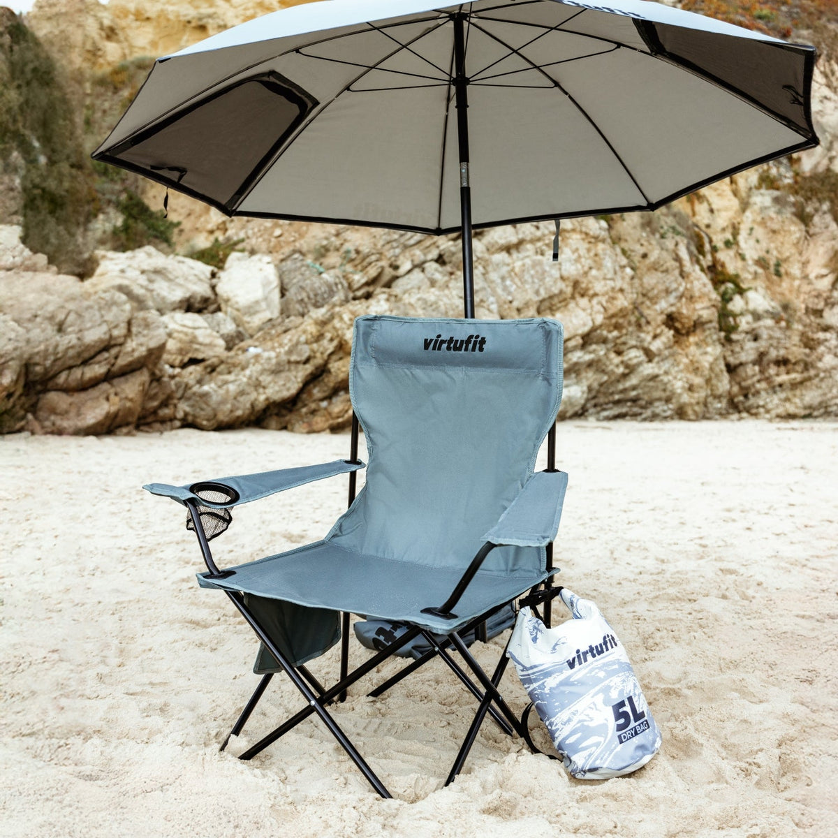 VirtuFit Klappbarer Campingstuhl - Inklusive Universeller Stuhlparasol - Beige